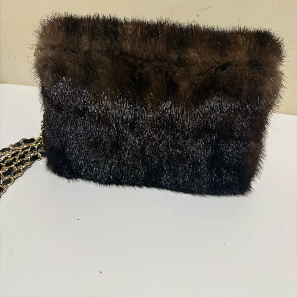 Elegant Black Fur Clutch with Chain Strap